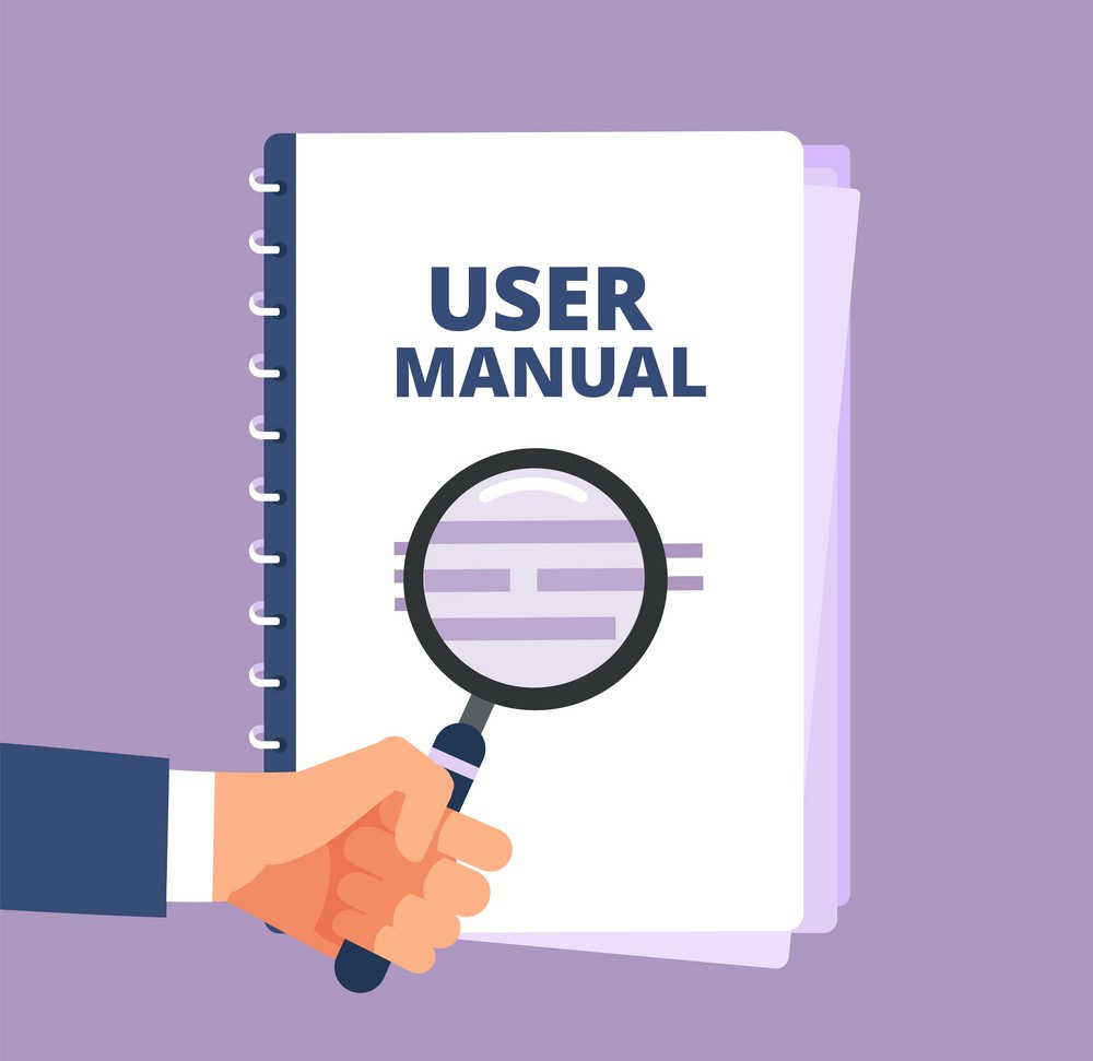 User manual with magnifying glass. User guide document and magnifier. Handbook, handbook, instruction and guidebook vector icon